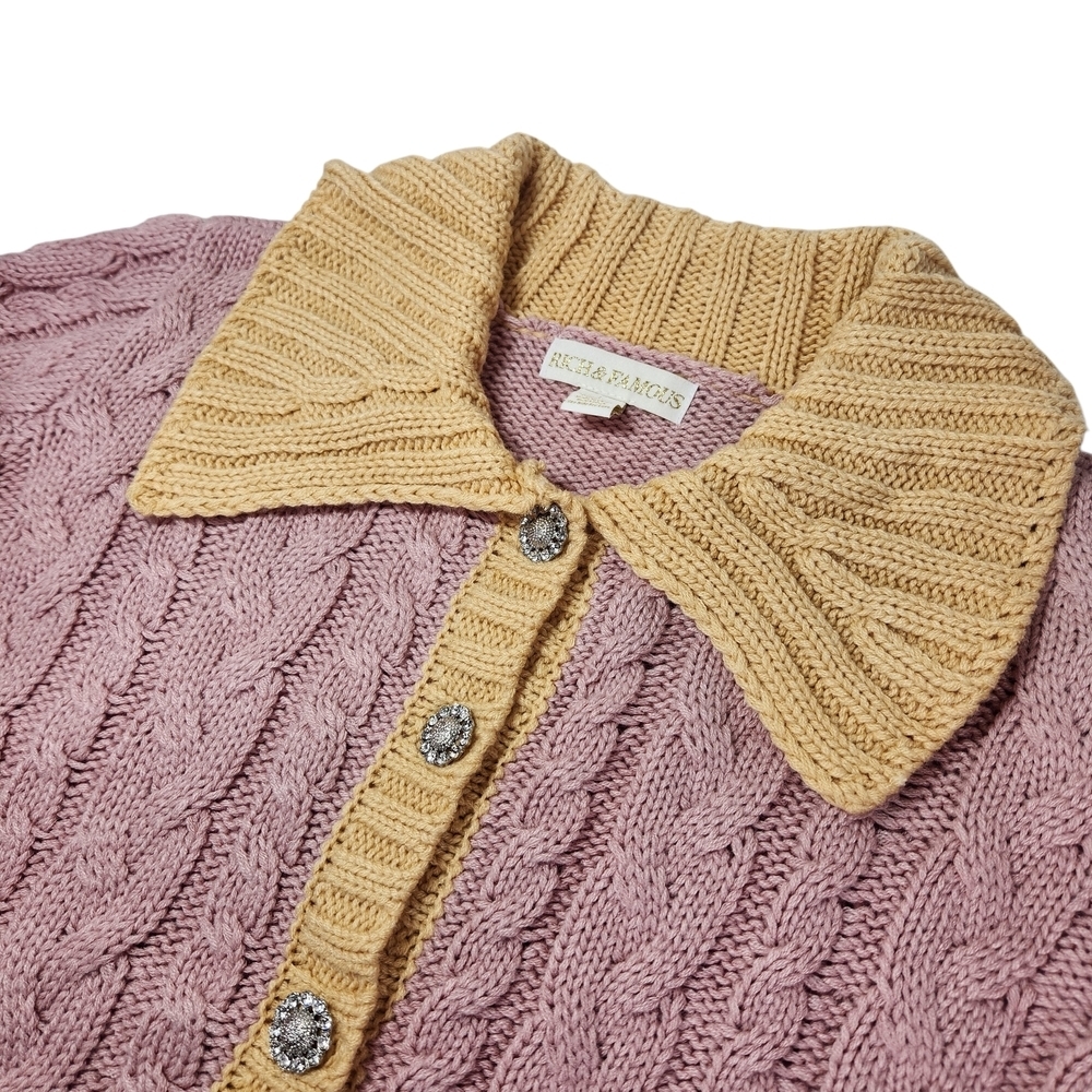 Rich & Famous NWT Sicily Crop Cardigan Sweater Grannycore Knit Collar Bling Boxy - Picture 14 of 16